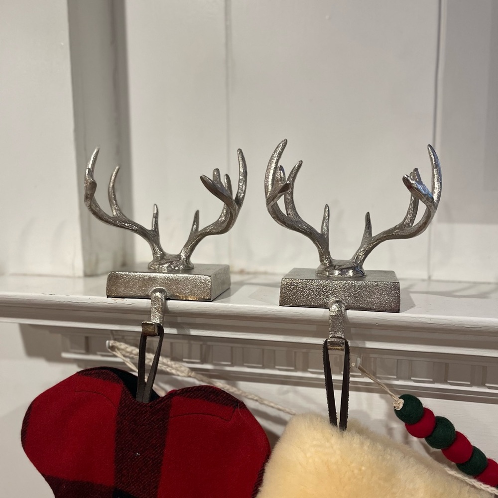 (2) Silver Antler Stocking Holders by Williams Sonoma